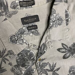 Van Heusen Men's XXL Gray Linen Blend Button Up Short Sleeve Palm‎ Tree Shirt